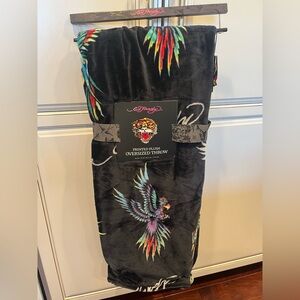 Ed Hardy Black Plush Throw Blanket with Colorful Bird Design